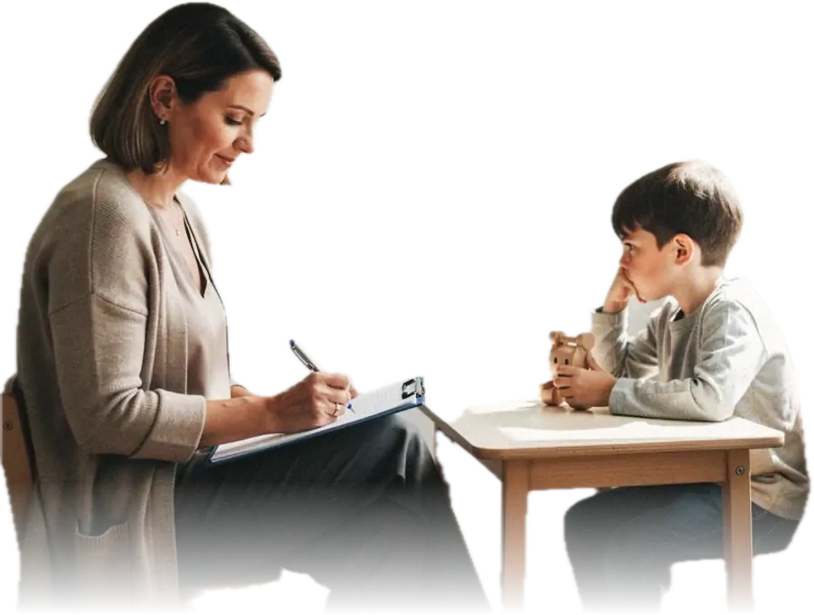 A speech and language therapist writing on a clipboard on her lap while the boy beside her has turned away toward the window, chin in his hand