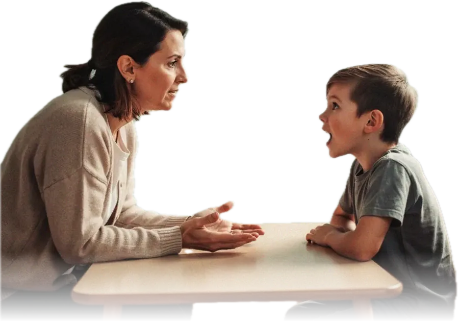 The same therapist leaning toward the boy with both hands open and empty, no clipboard anywhere, the two of them looking at each other while he speaks