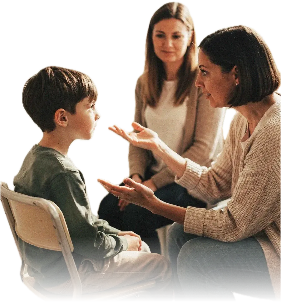 Una logopeda hablando con un niño en una sala de consulta, con su madre sentada justo detrás de él