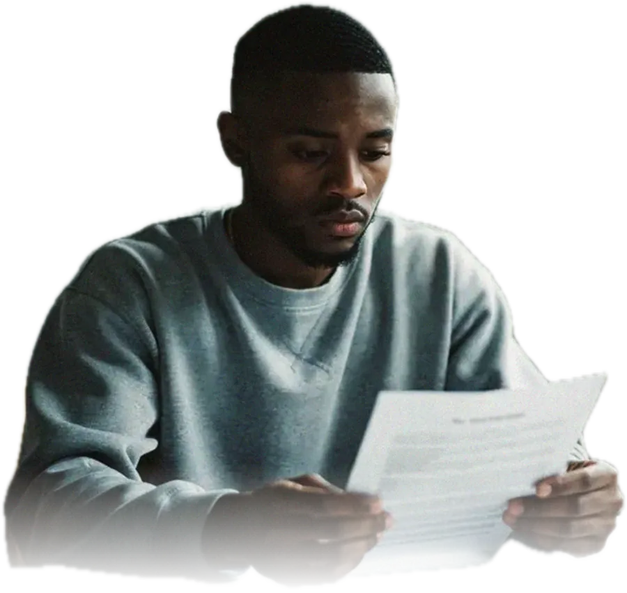 A young man sitting alone at a table at home, holding a printed exercise sheet and looking uncertain