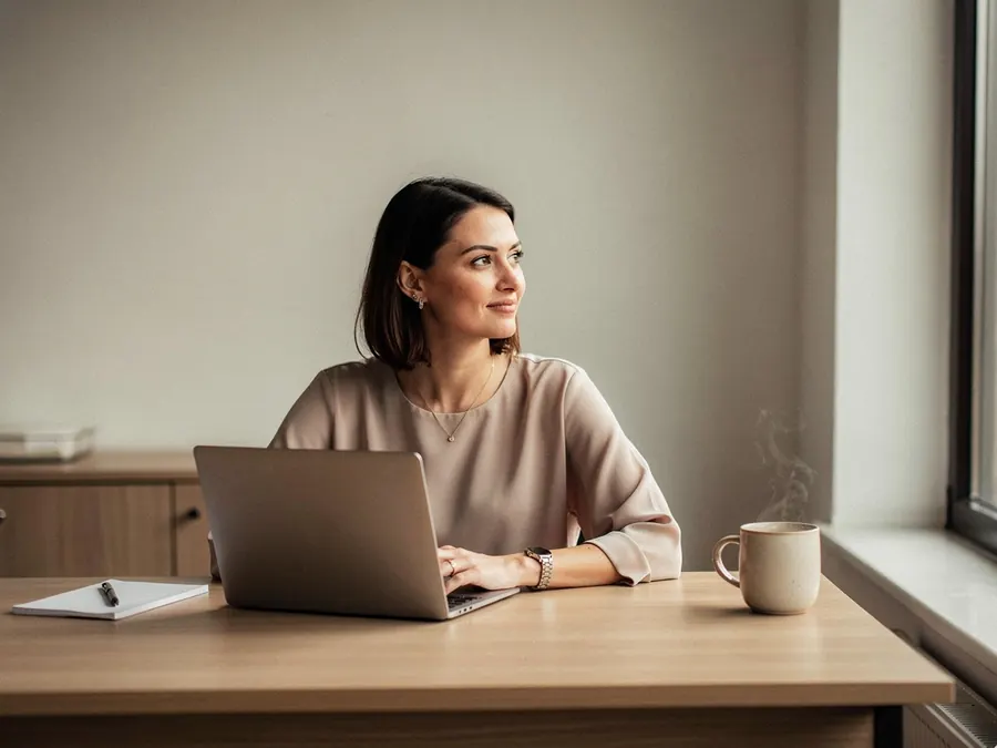 A speech and language therapist at her desk between appointments, a closed laptop in front of her, looking out of the window