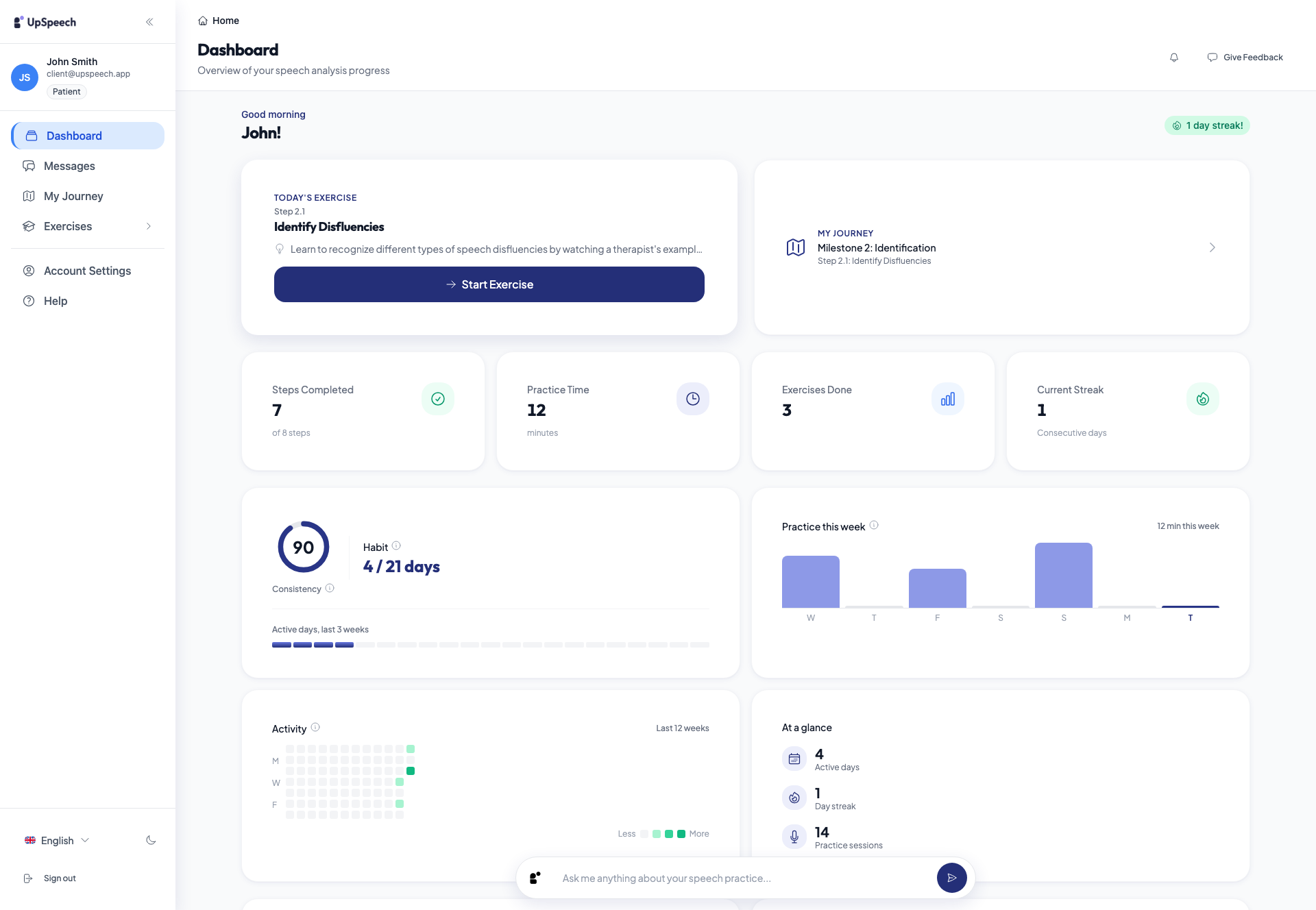 UpSpeech patient dashboard with daily practice exercises and progress