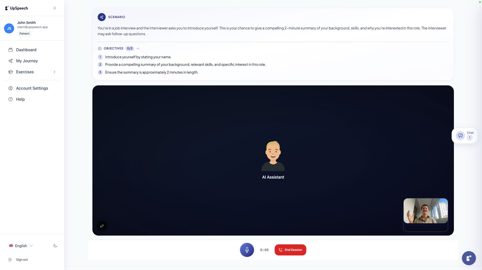 Interfaz de escenario de práctica de UpSpeech mostrando el ensayo de una entrevista de trabajo con objetivos y videollamada