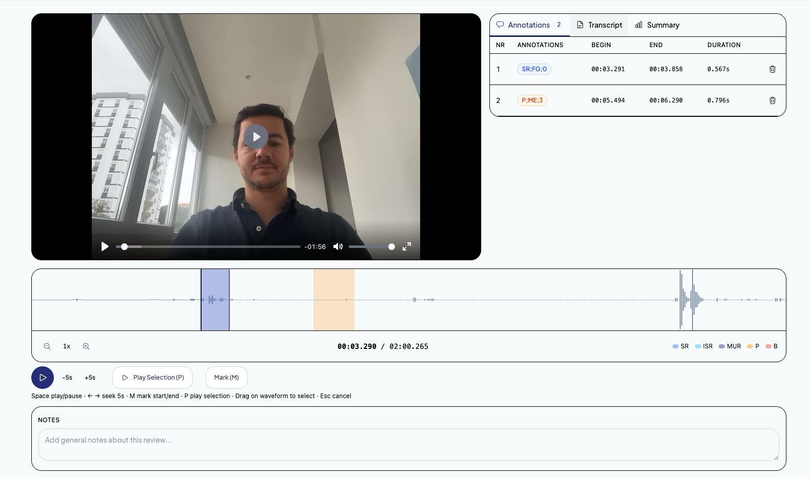 Herramienta de anotación de UpSpeech con forma de onda de audio, revisión de vídeo y anotación por logopedas