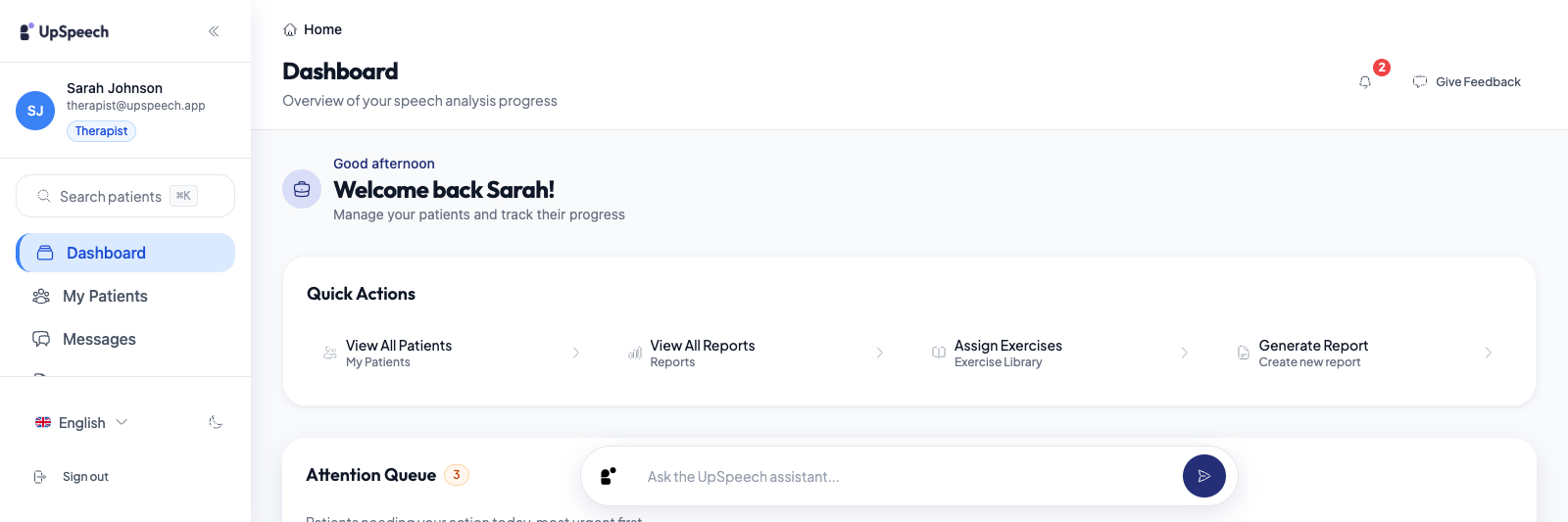 The therapist dashboard, showing assigned patients, recent activity and what needs attention