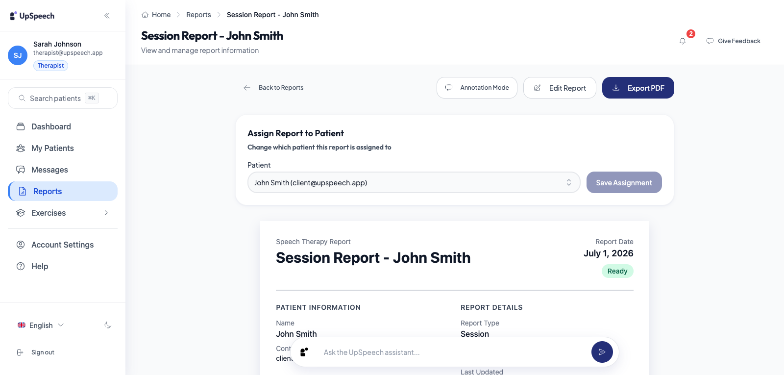 UpSpeech therapist view showing an AI-drafted session report ready for review.