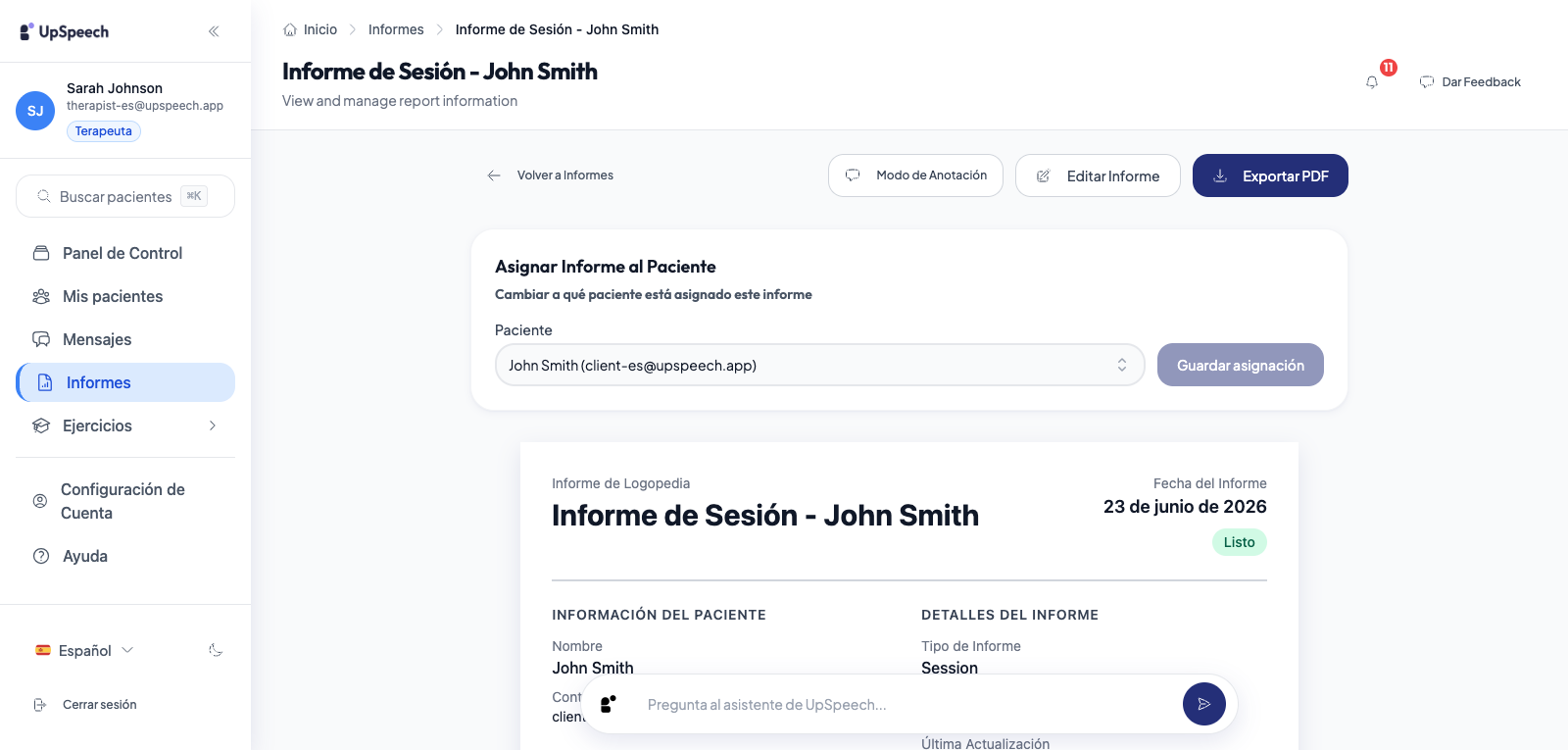 Vista del terapeuta en UpSpeech mostrando un informe de sesión redactado por IA, listo para revisar.