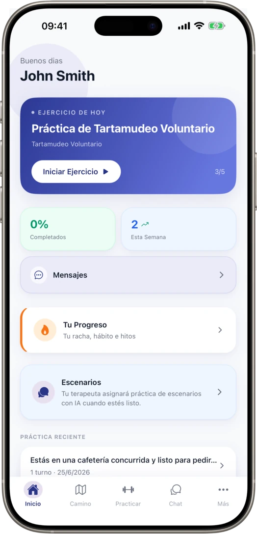 Pantalla de inicio de la app móvil de UpSpeech mostrando el ejercicio del día del paciente