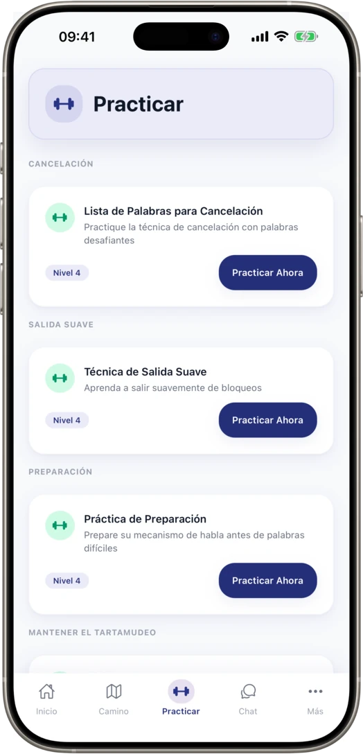 Pantalla de práctica de la app móvil de UpSpeech con ejercicios guiados de práctica