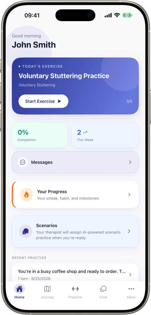 UpSpeech mobile app home screen showing the patient's exercise for the day