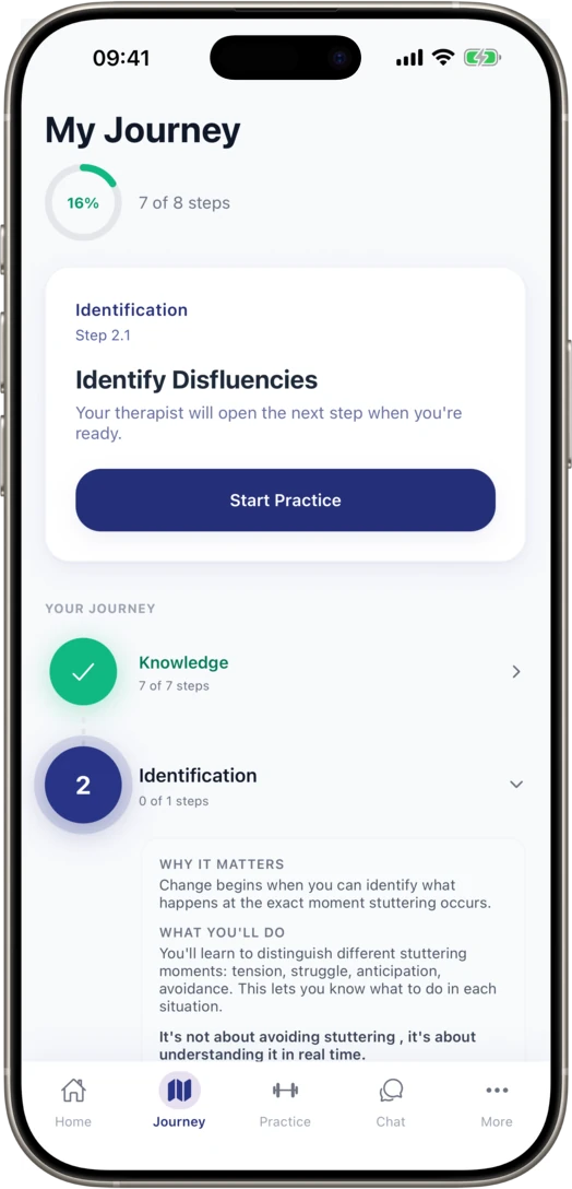 UpSpeech mobile app learning path showing the steps the therapist set