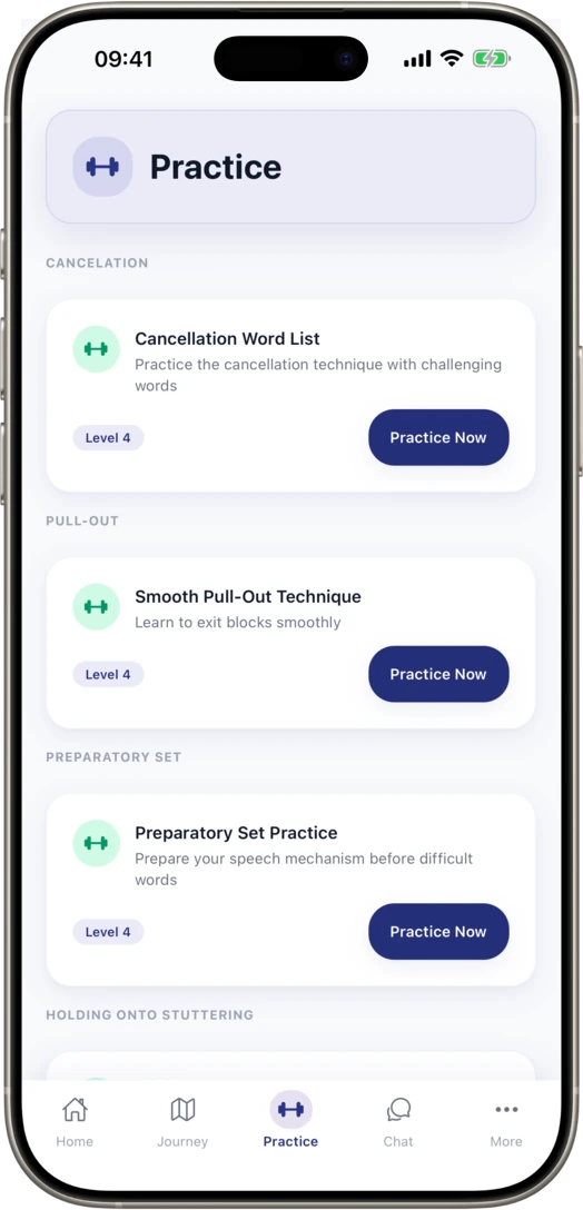 UpSpeech mobile app practice screen with guided practice exercises