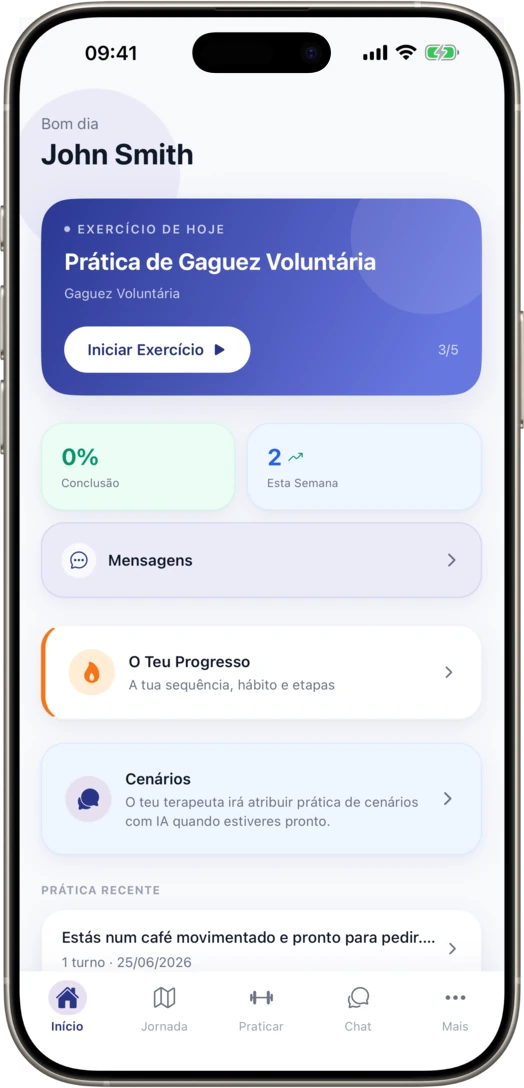 Ecrã inicial da app móvel UpSpeech a mostrar o exercício do dia do paciente
