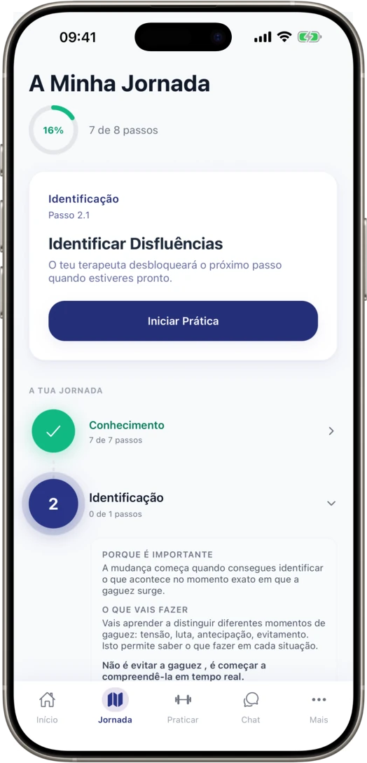 App móvel UpSpeech a mostrar o percurso de aprendizagem com os passos definidos pelo terapeuta