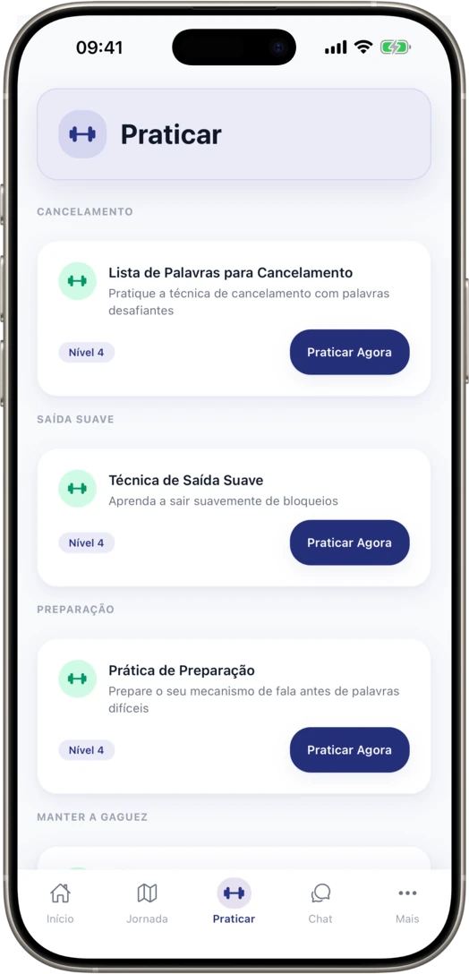 Ecrã de prática da app móvel UpSpeech com exercícios guiados de prática